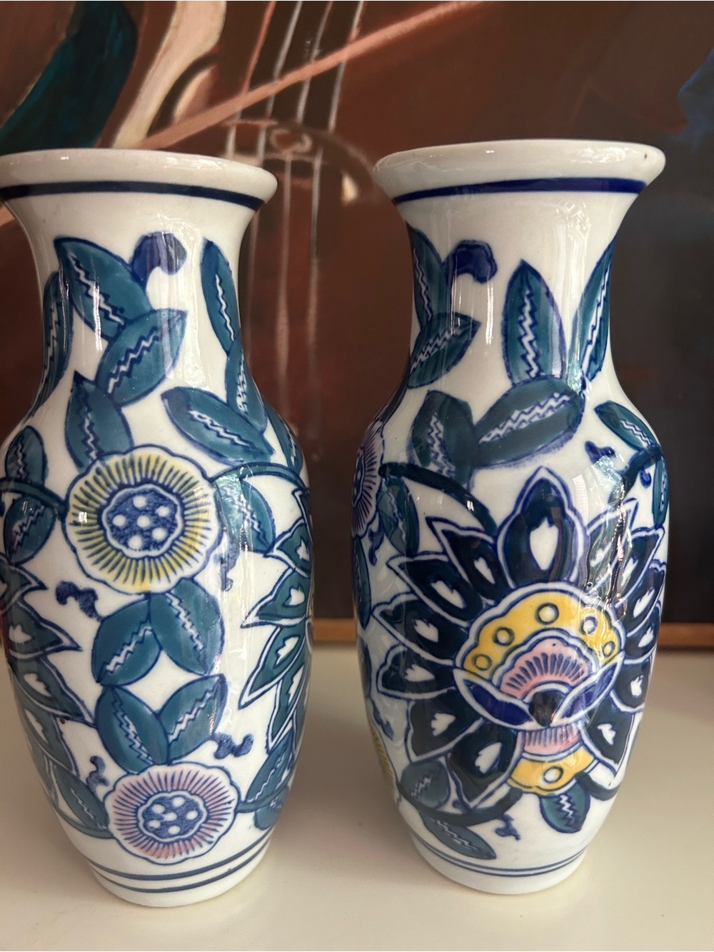 Pair Blue White Floral Ceramic Bud Vases Teal Pink Yellow Chinoiserie Decor